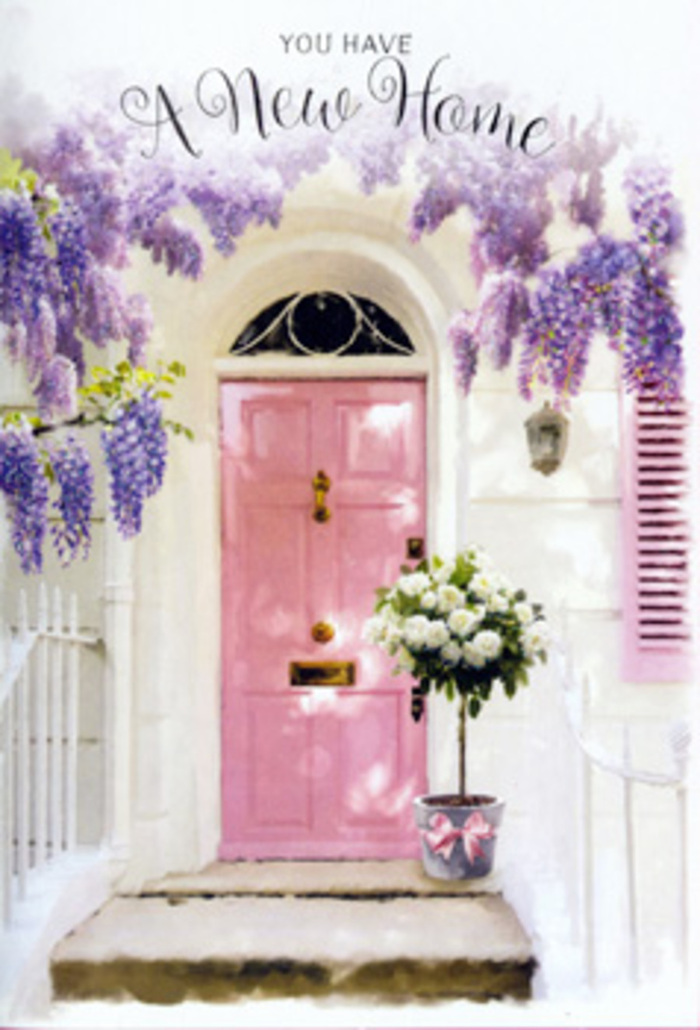 This image presents a tranquil doorway that could easily belong to a characterful house tucked away off Totteridge Lane, dressed with flowers to honour the excitement of a new home. Dominating the composition is a soft pink front door, painted in a dusty pastel that feels timeless rather than trendy, the kind of shade that could sit happily among the classic architecture of Totteridge's leafy streets. The door's surface appears smooth and quietly matte, absorbing the daylight into a gentle, warm glow rather than reflecting it harshly. To its side, a single shutter, also painted in a delicate blush, mirrors the tone and reinforces the sense of balance and harmony. Draped above and trailing down the sides, wisteria blooms in full, fragrant splendour. Cascades of lavender flowers hang in elongated clusters, each with tiny, individual petals that catch the light at different angles, giving the impression of soft movement. The blossoms form a natural curtain, similar to the romantic plantings that spill over garden walls in the Totteridge area. Behind them, whitewashed walls provide a textured backdrop, their slightly uneven finish catching the shadows of the wisteria so they appear like faint watercolour brushstrokes. At the threshold sits a grey metal bucket, chosen for its simple, practical charm, now serving as a container for a lush arrangement of ivory and cream roses. The roses are fully open, with many petal layers forming rounded, sumptuous blooms. Sprigs of fresh green foliage weave through the flowers, adding a hint of woodland freshness reminiscent of a walk across Totteridge Fields. Around the bucket's base, a pink ribbon is tied in a neat, soft bow, the colour perfectly echoing the front door. The scene together conveys a sense of gentle optimism and quiet joy, ideal as a new home congratulations gesture for someone settling into life in Totteridge.